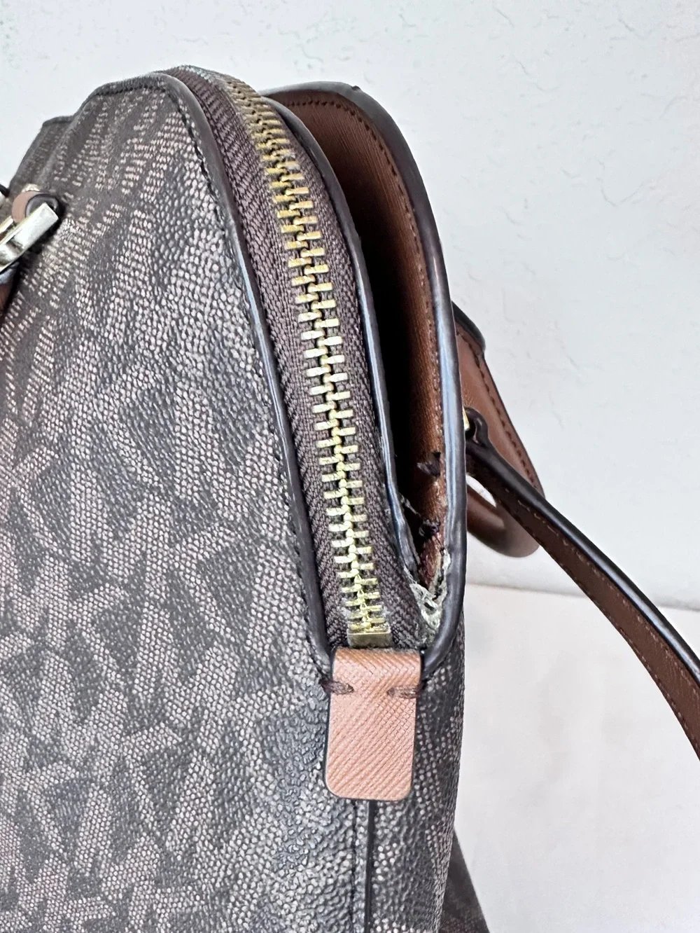 Michael Kors Jet Set Travel Large Satchel Brown MK Signature PVC Leather Trim